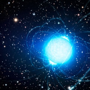 This artist’s impression shows the magnetar in the very rich and young star cluster Westerlund 1. This remarkable cluster contains hundreds of very massive stars, some shining with a brilliance of almost one million suns. European astronomers have for the first time demonstrated that this magnetar — an unusual type of neutron star with an extremely strong magnetic field — probably was formed as part of a binary star system. The discovery of the magnetar’s former companion elsewhere in the cluster helps solve the mystery of how a star that started off so massive could become a magnetar, rather than collapse into a black hole.