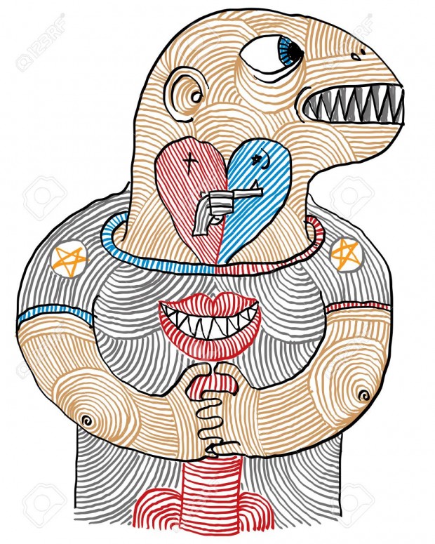 Illustration of a man, love, hate and sex conceptual hand drawn picture. Artistic drawing, masculinity concept.